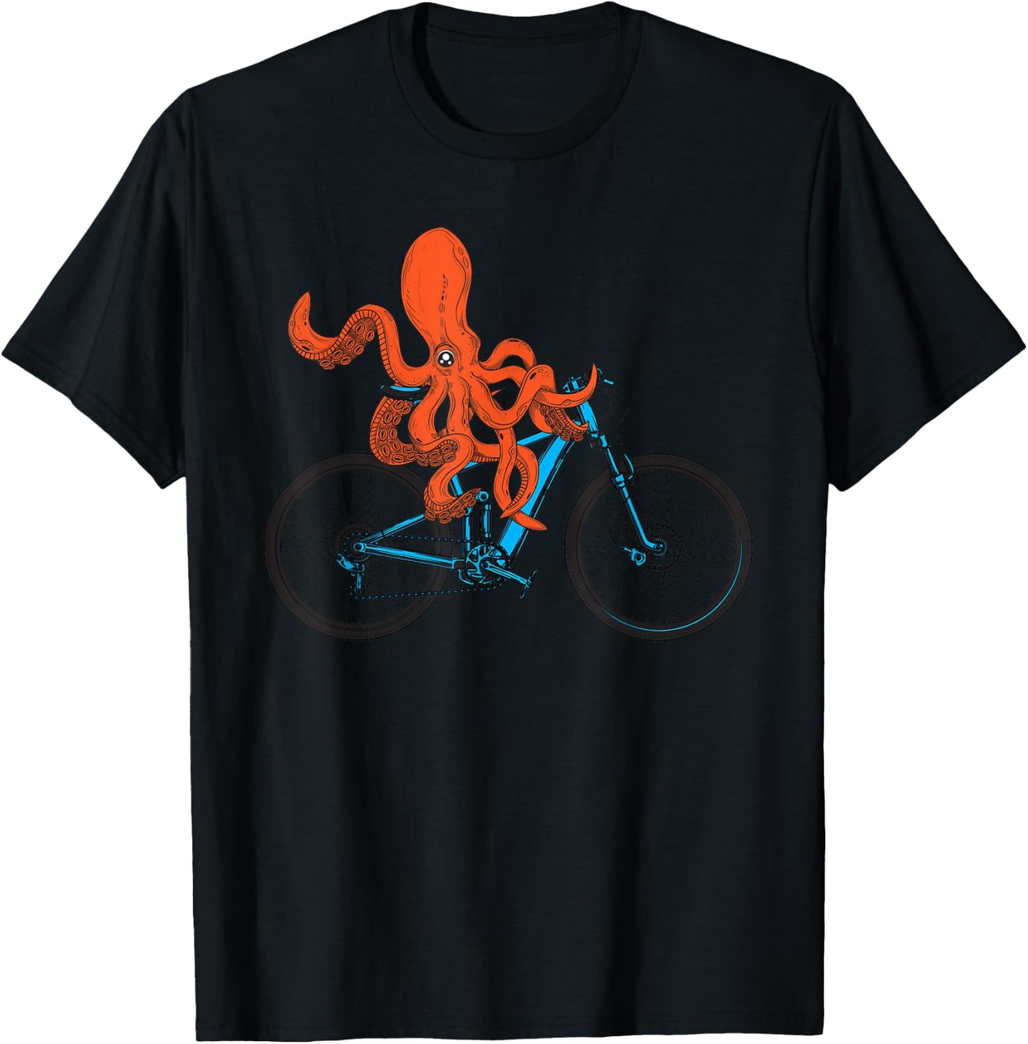 Octopus On Bicycle Cycling Eight Long Arms Graphic Print T-Shirt - T-Shirt | Black