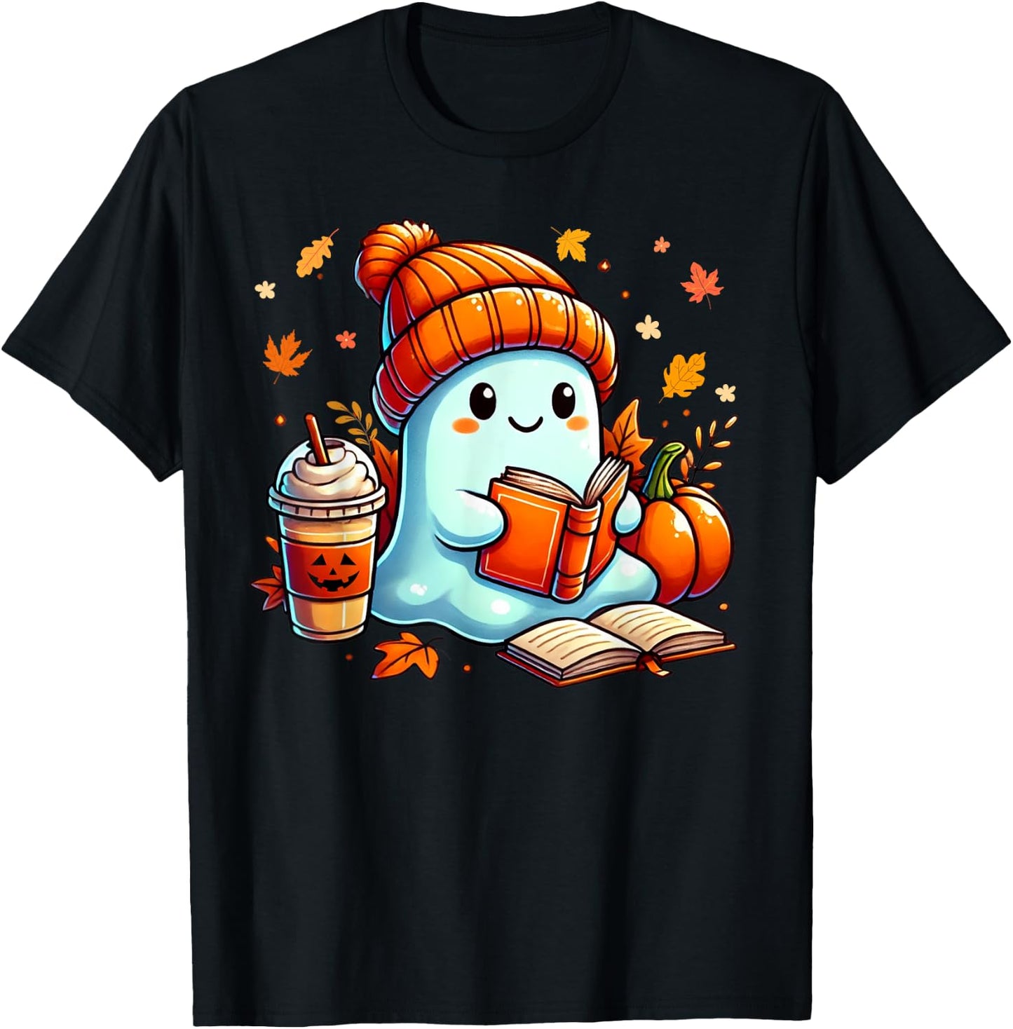 Cute Ghost Reading Book Lovers Halloween Coffee and Book T-Shirt - T-Shirt | Black