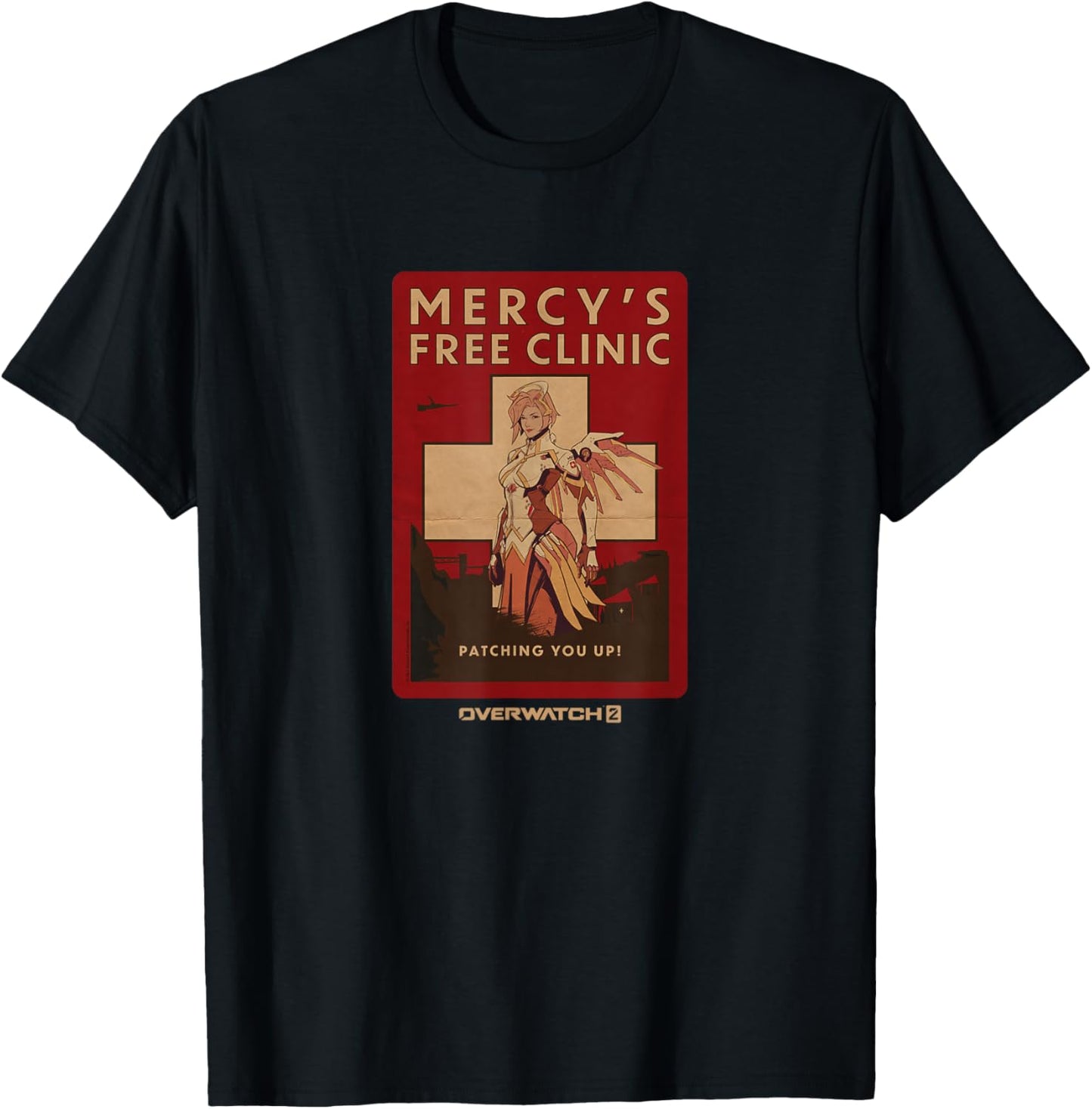 Overwatch 2 Mercy's Free Clinic Propaganda Big Chest Poster T-Shirt - T-Shirt | Black