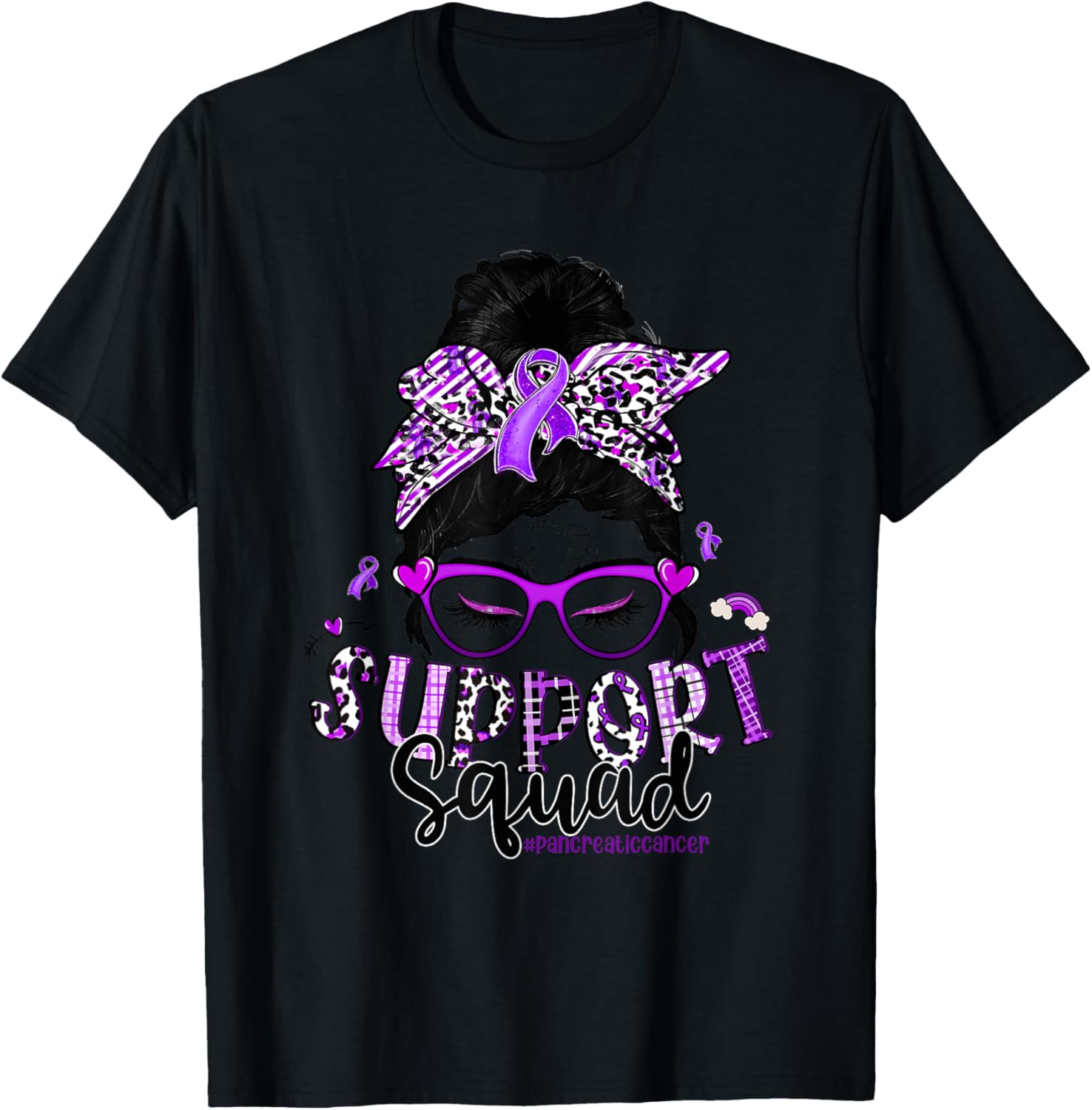 Leopard Messy Bun Support Squad Pancreatic Cancer T-Shirt - T-Shirt | Black