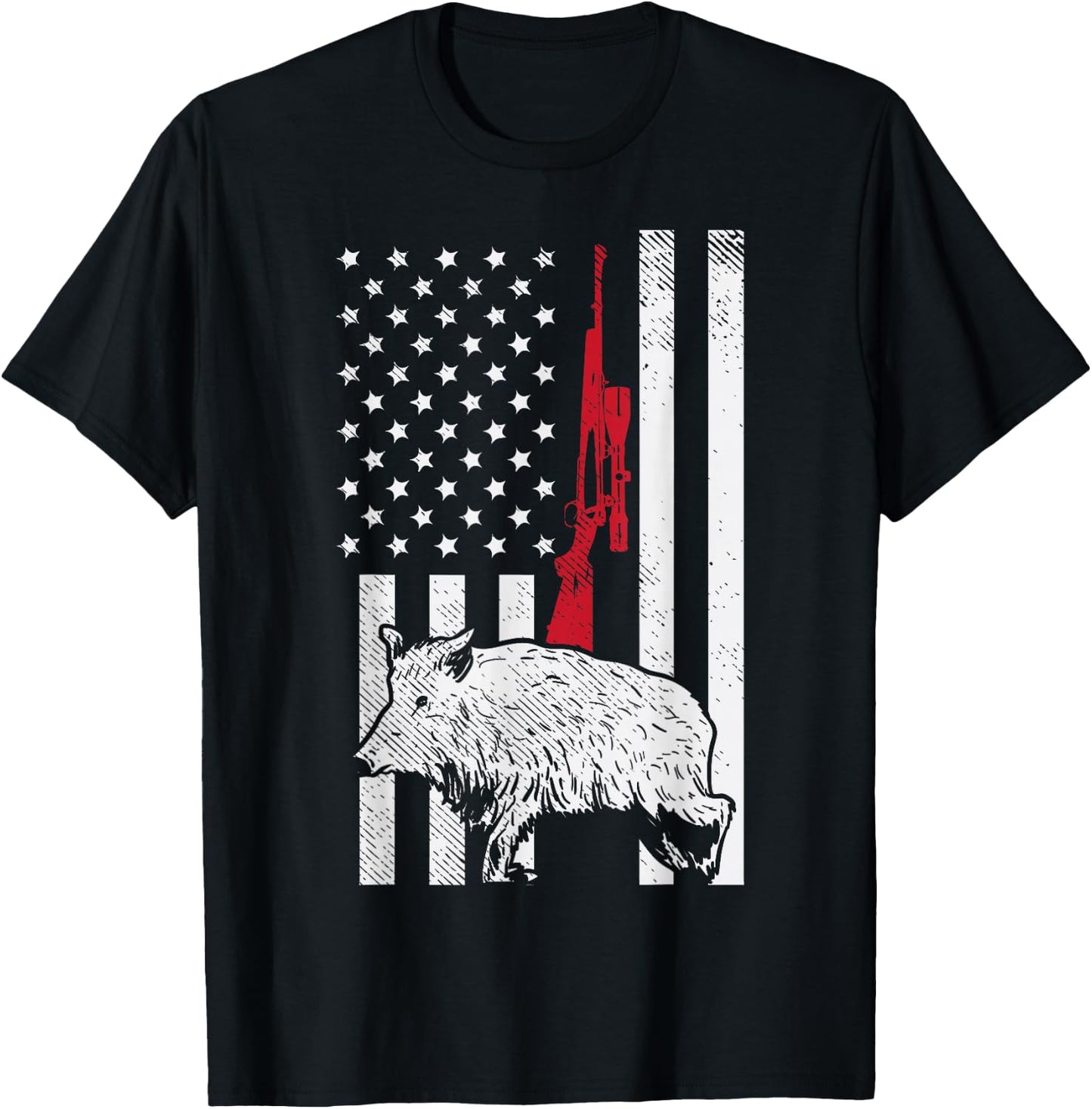 American Flag Rifle Hog Boar Pig Gun Hunting USA Hunter Gift T-Shirt - T-Shirt | Black