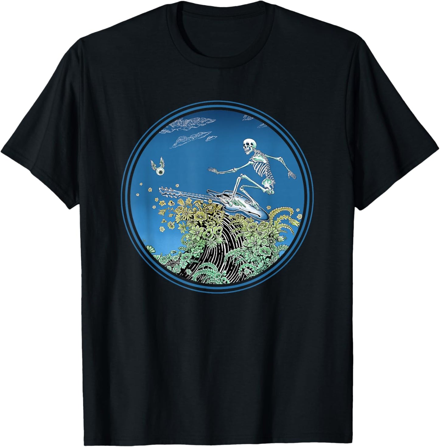 Surfing Skeleton Circle - by Emek Artman T-Shirt - T-Shirt | Black