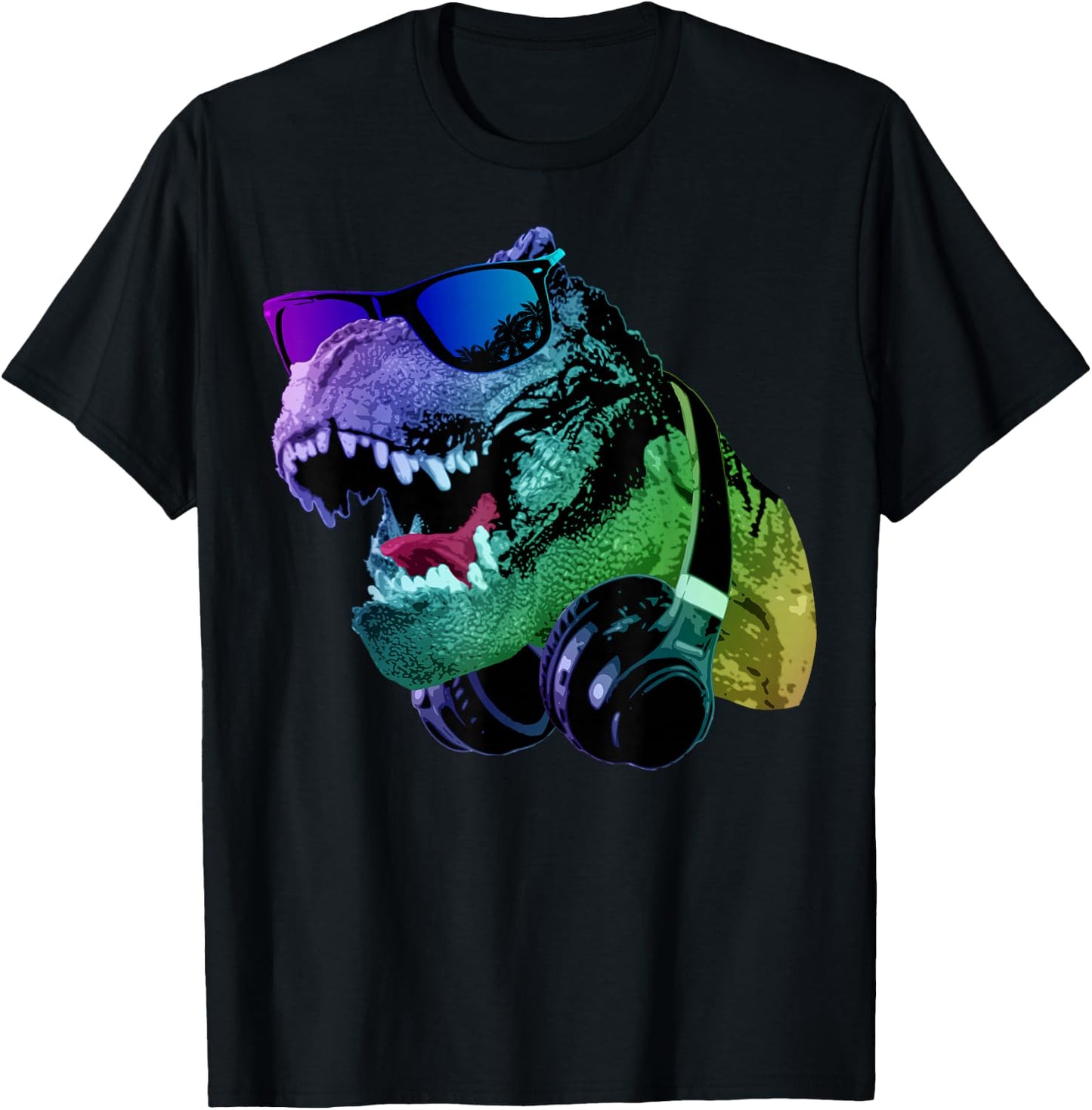 T Rex Tyrannosaurus Dinosaur With Sunglasses And Headphones T-Shirt - T-Shirt | Black