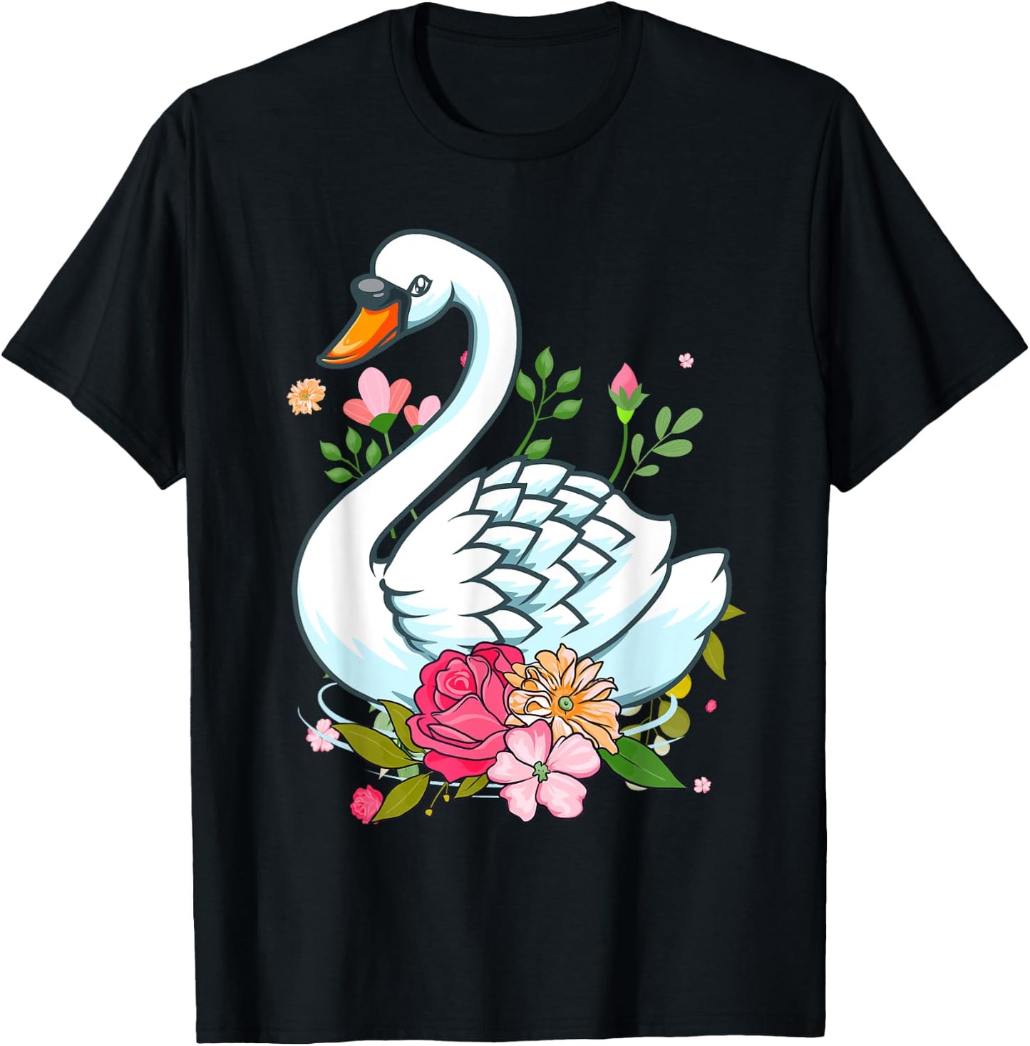 Cool Swan Girls Swans Floral Waterfowl Bird Flower T-Shirt - T-Shirt | Black