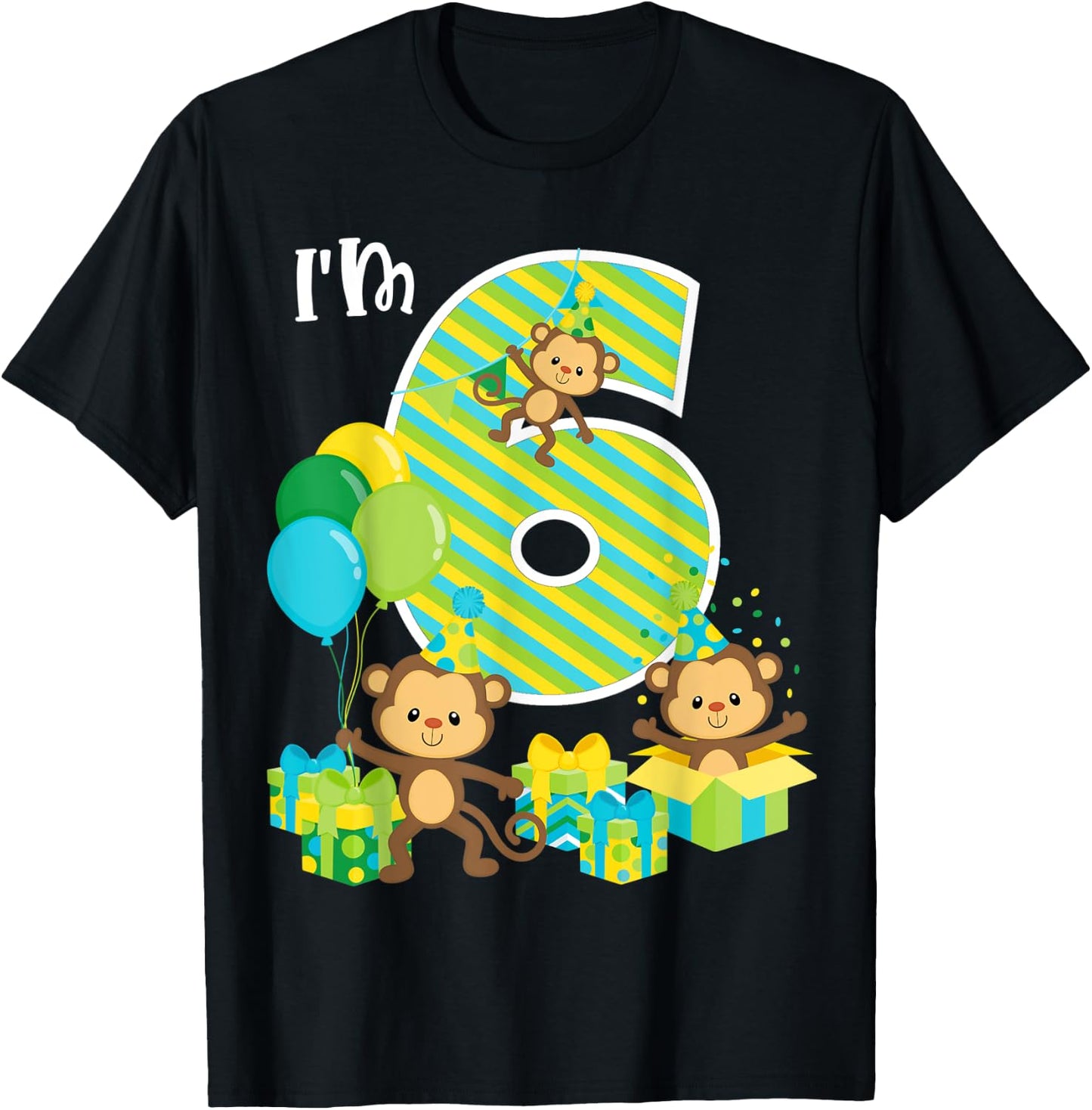 Birthday Monkey 6th Birthday Party Six Year Old Kid Toddler T-Shirt - T-Shirt | Black