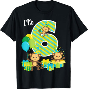 Birthday Monkey 6th Birthday Party Six Year Old Kid Toddler T-Shirt - T-Shirt | Black