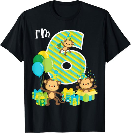 Birthday Monkey 6th Birthday Party Six Year Old Kid Toddler T-Shirt - T-Shirt | Black