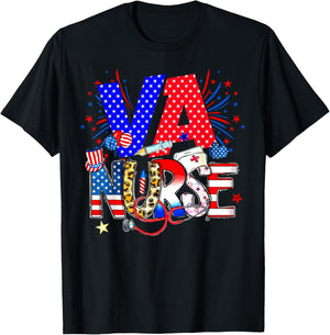 VA Nurse 4th Of July American Flag Stethoscope T-Shirt - T-Shirt | Black