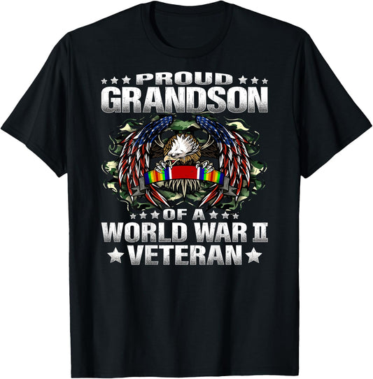 Proud Grandson Of A World War 2 Veteran Military Vets Family T-Shirt - T-Shirt | Black