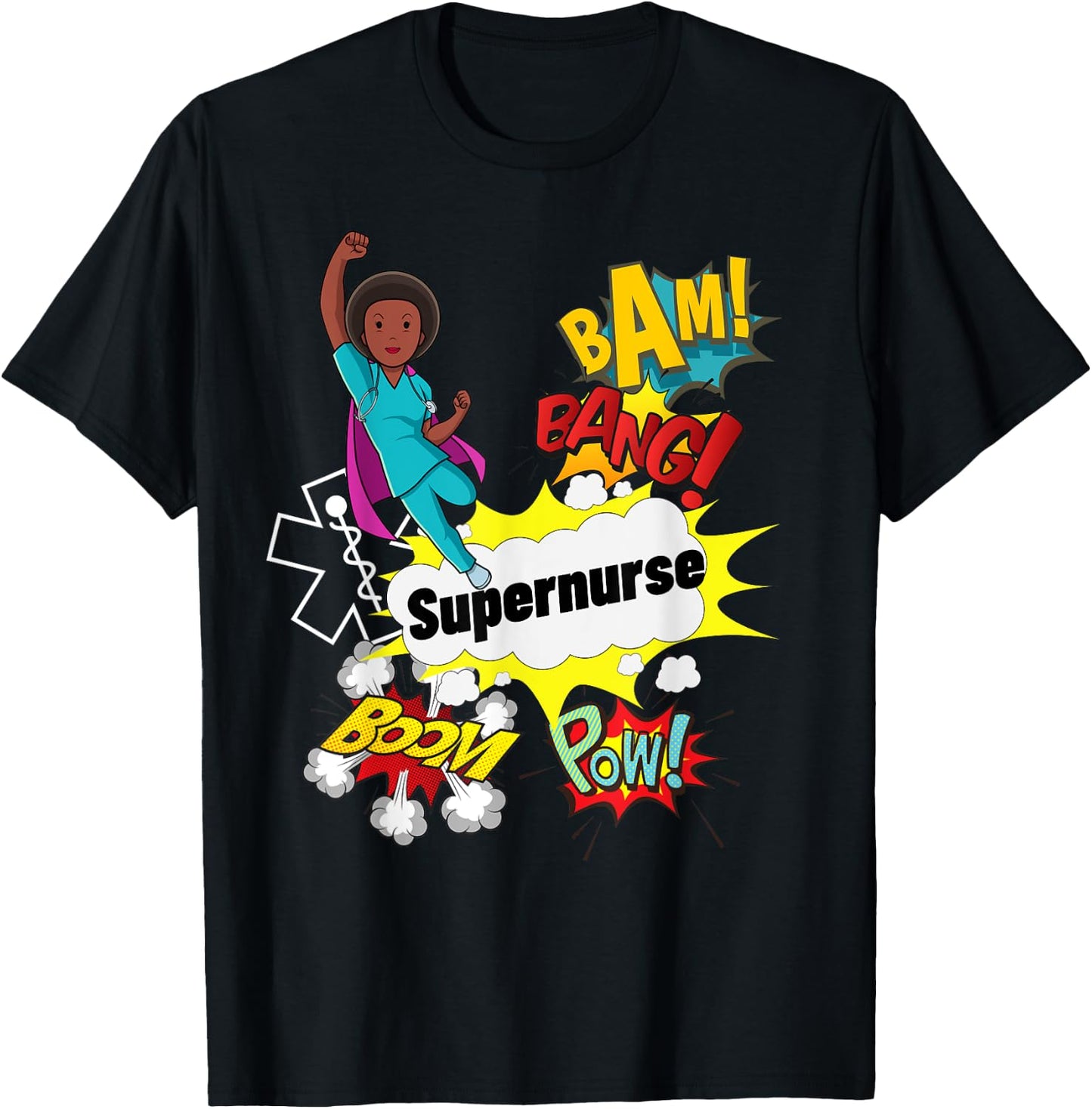 Supernurse Comic Superhero Style RN Black Woman Nursing Gift T-Shirt - T-Shirt | Black