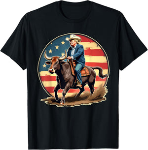 Trump Bull Rider American Flag USA Riding Rodeo Cowboy T-Shirt - T-Shirt | Black