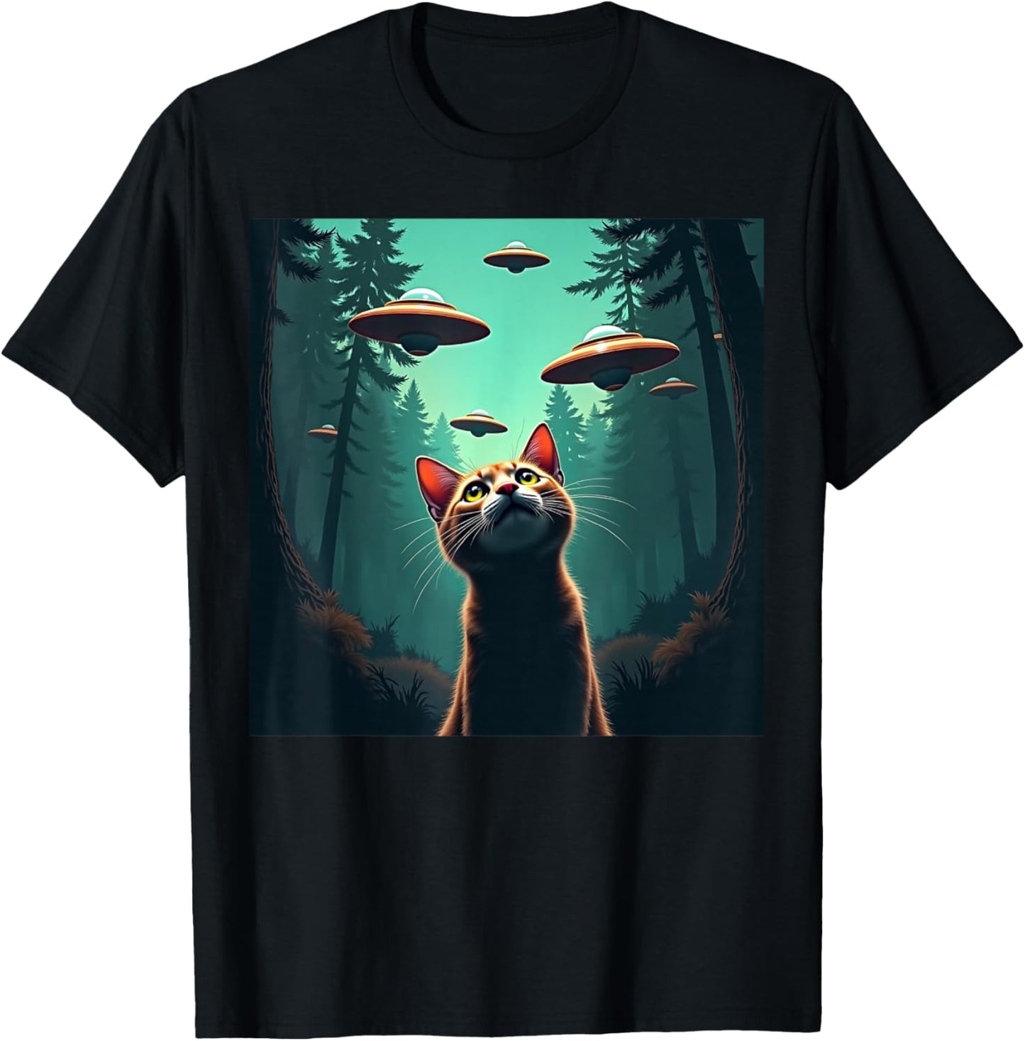 Cute Cat Selfie With UFO Invasion Alien Spaceship T-Shirt - T-Shirt | Black