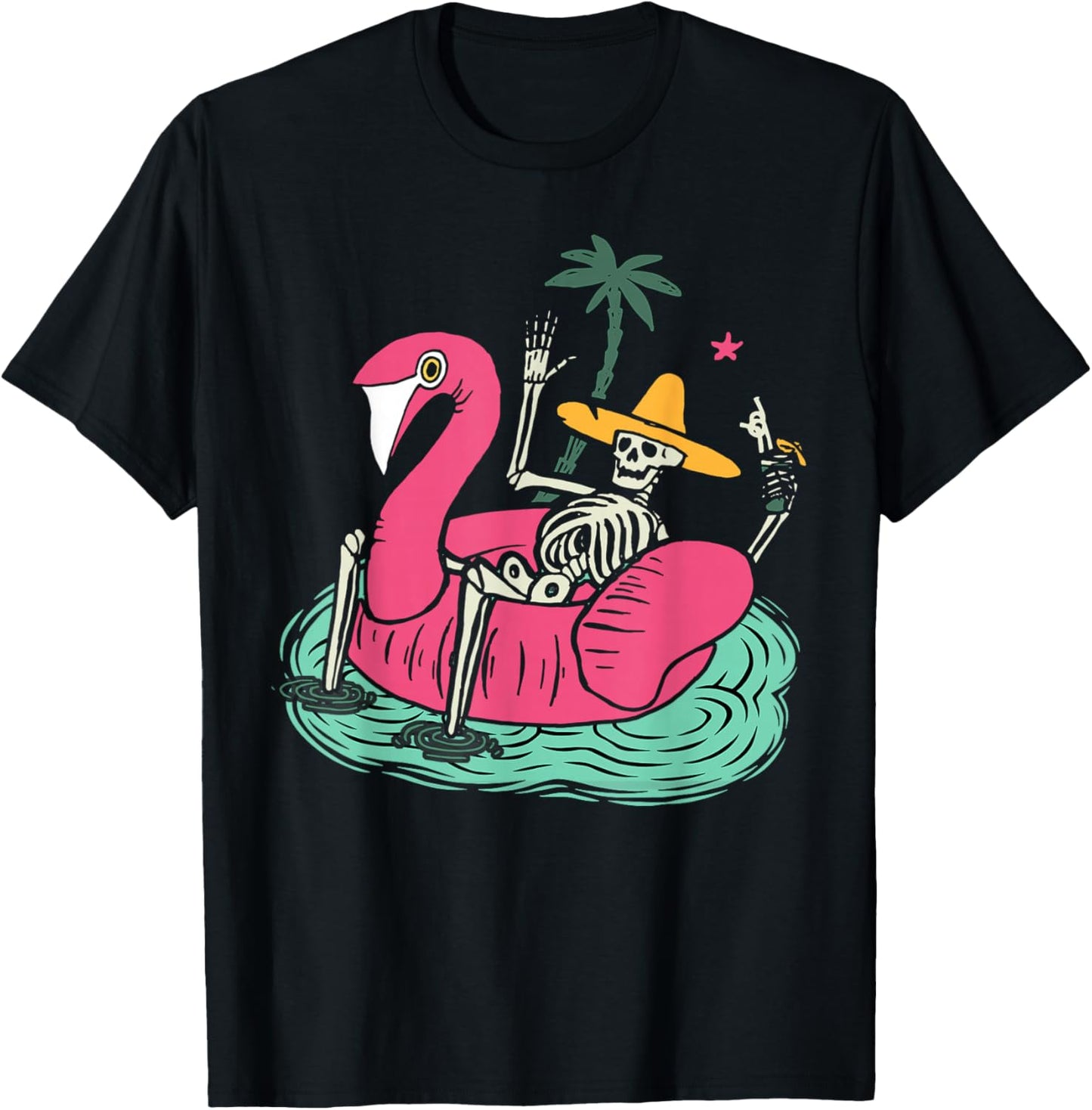 Skeleton Flamingo Float Vacation Beach Drink Retro Halloween Men Women T-Shirt - T-Shirt | Black