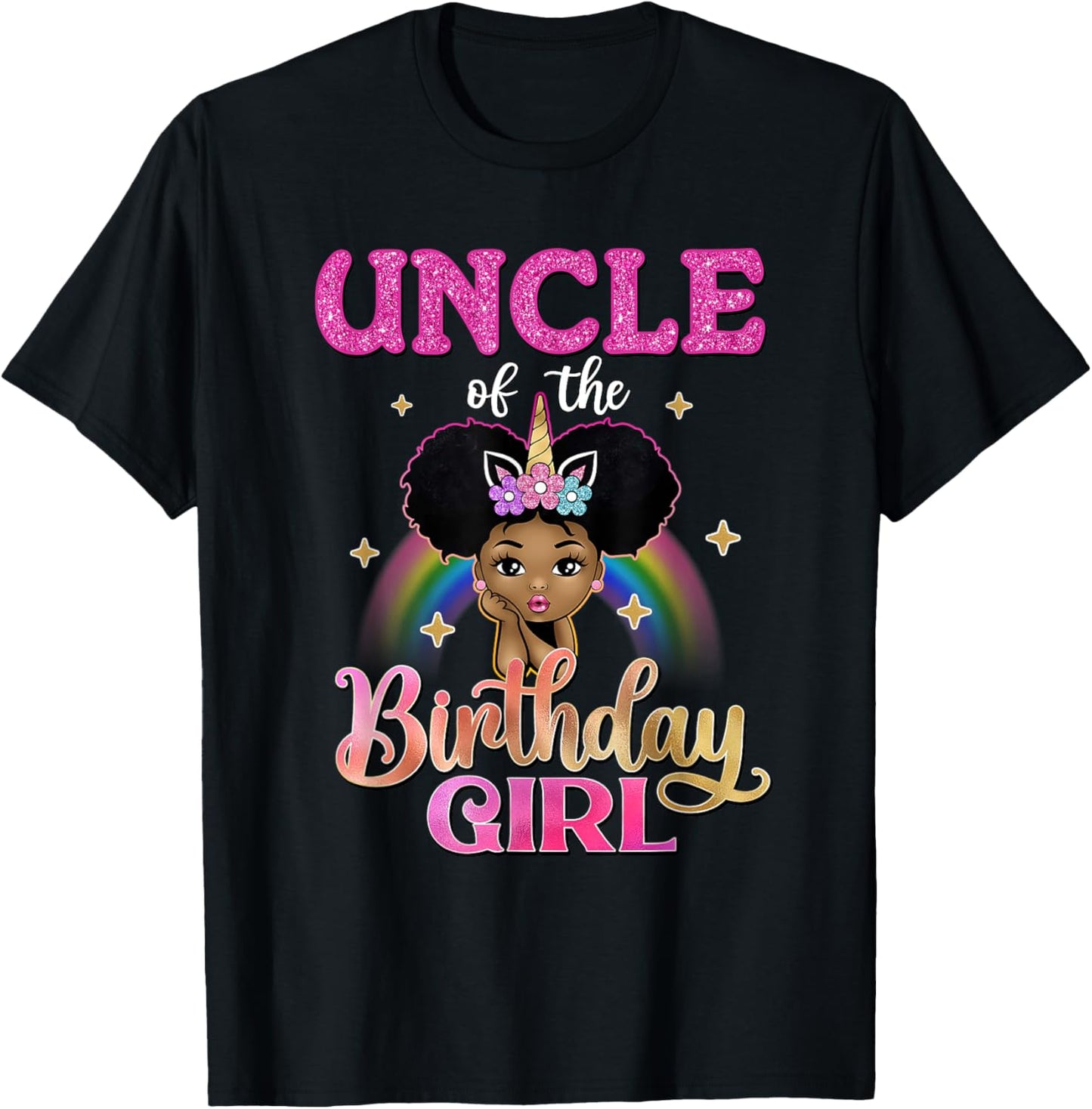 Uncle of The Birthday Girl Princess Afro Melanin Unicorn T-Shirt - T-Shirt | Black