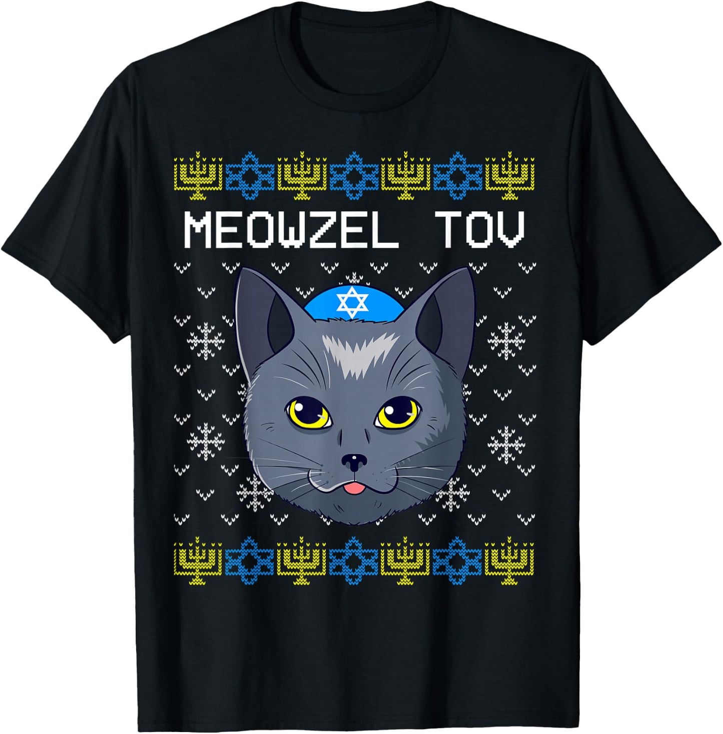 Meowzel Tov Ugly Hanukkah Cat Chanukah Jewish T-Shirt - T-Shirt | Black