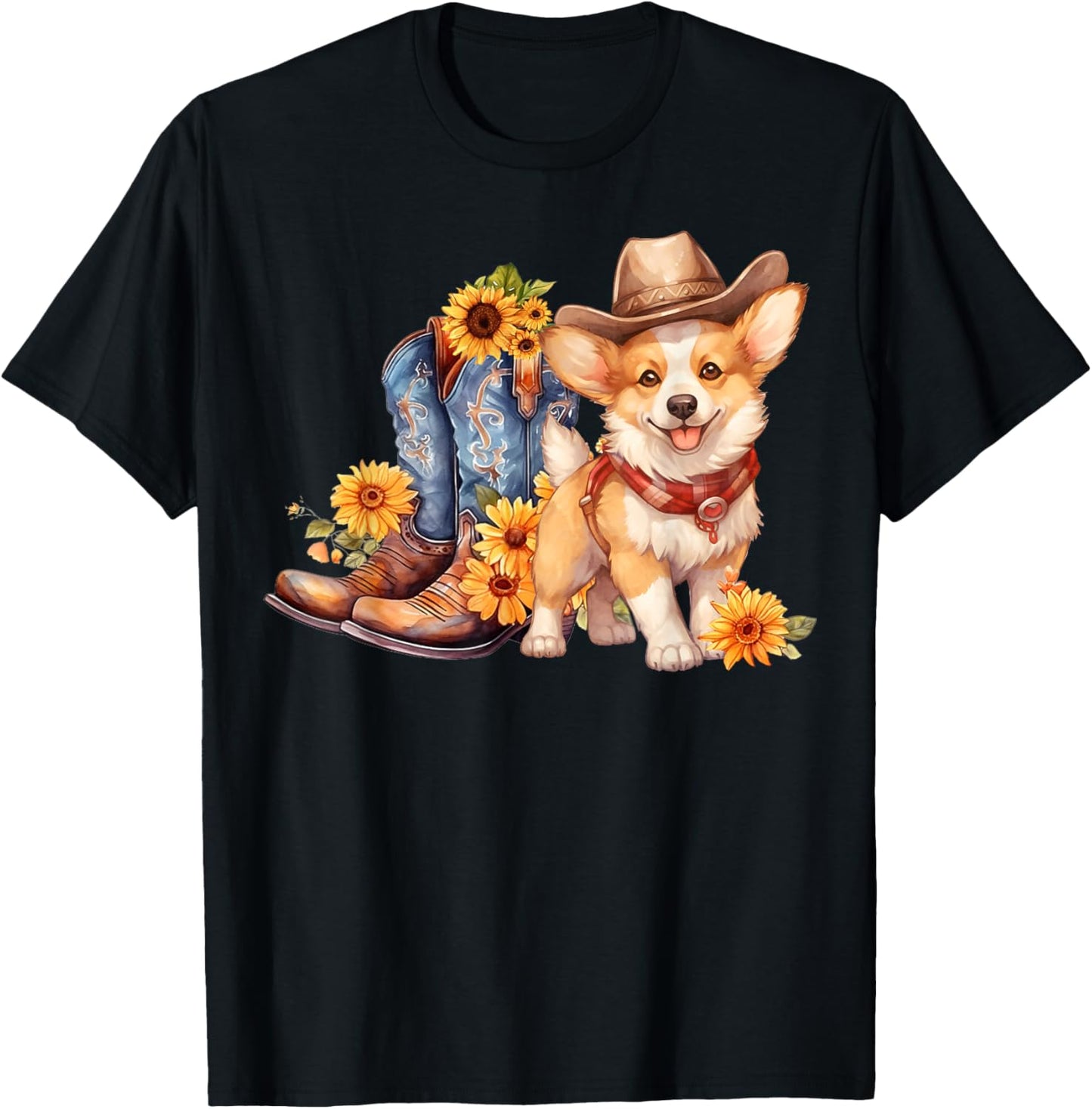 Pembroke Welsh Corgi Dog Cowgirl boots Cowboy hat Sunflower T-Shirt - T-Shirt | Black