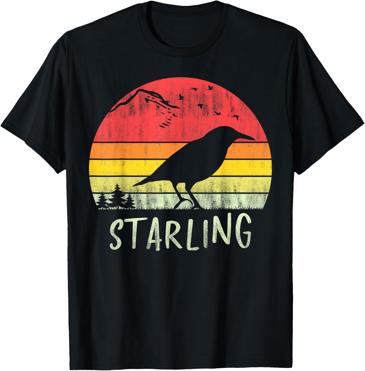 Retro Vintage Starling Silhouette Bird 70s 80s T-Shirt - T-Shirt | Black
