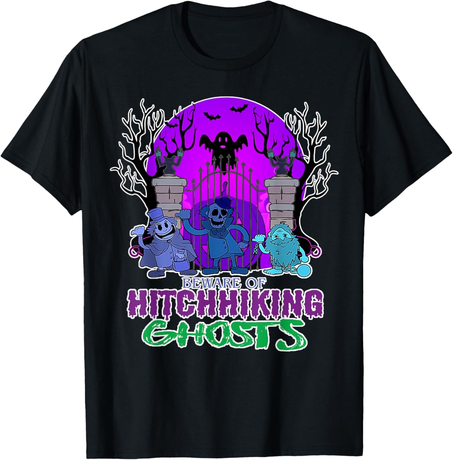 Beware Of Hitchhiking Ghosts Halloween Bat Funny T-Shirt - T-Shirt | Black