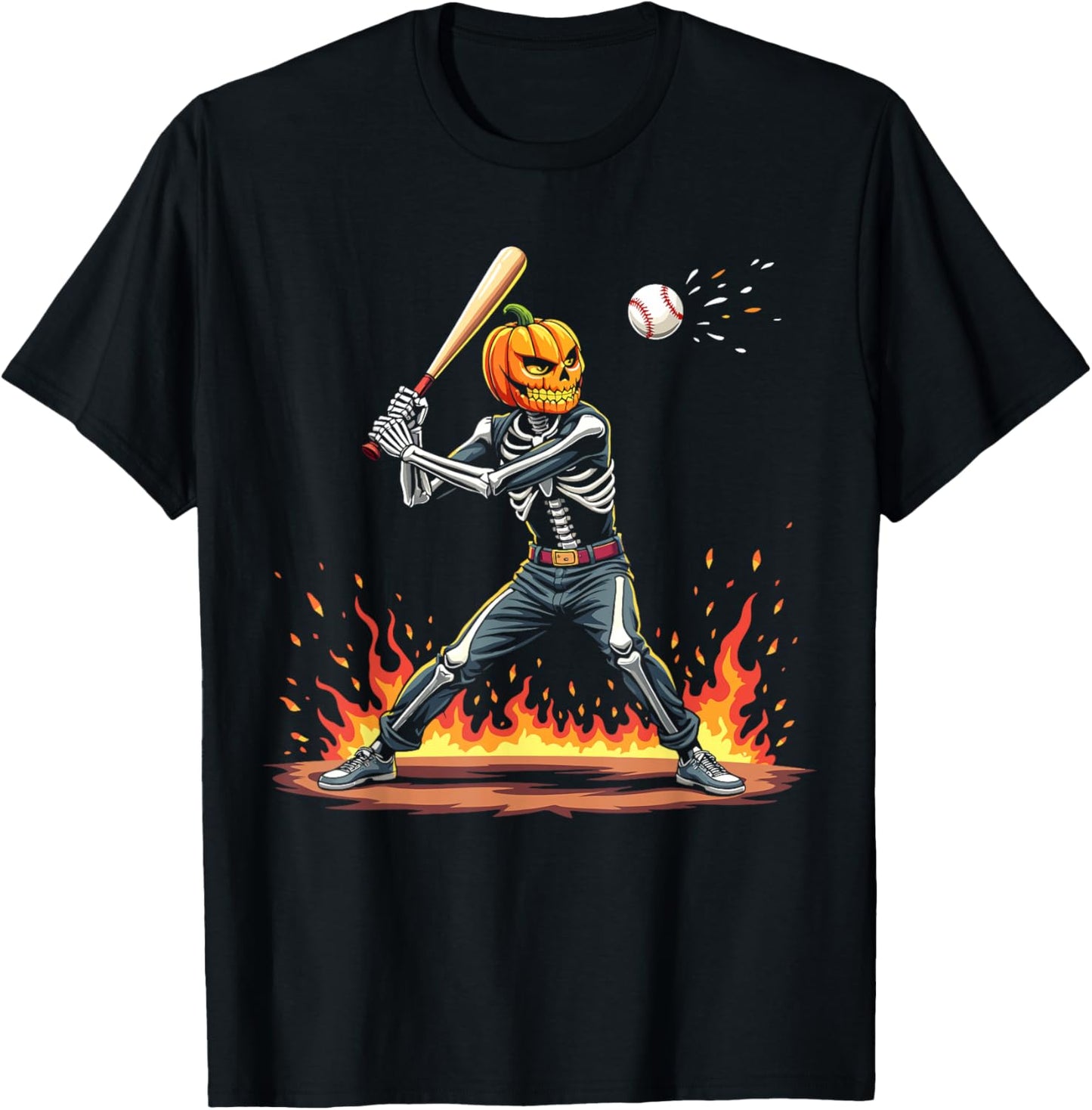 Pumpkin Head Skeleton Baseball Halloween Spooky Sports T-Shirt - T-Shirt | Black