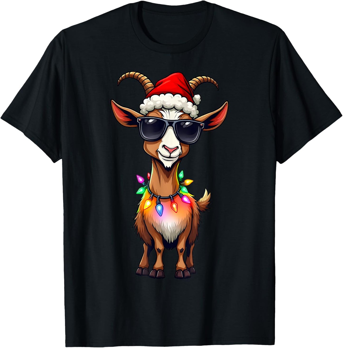 Goat Santa Hat Lights Christmas Cute Xmas Pajama T-Shirt - T-Shirt | Black