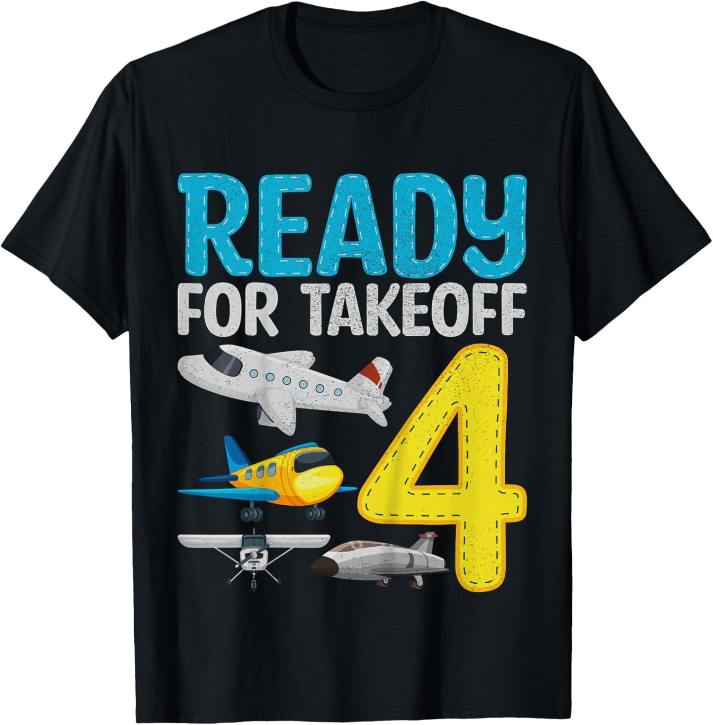 Kids Ready For Takeoff I'm 4 Airplane 4 Years Old 4th Birthday T-Shirt - T-Shirt | Black