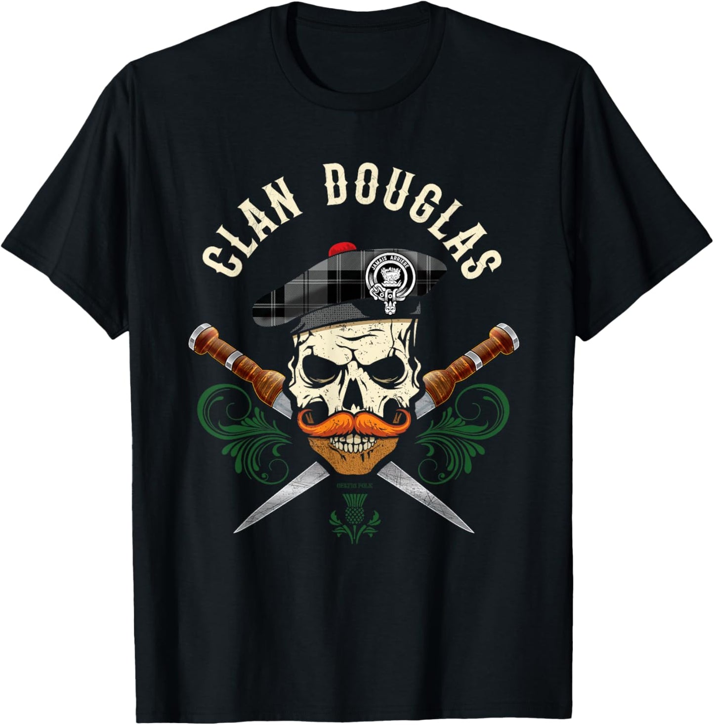 Scottish Clan Douglas Surname Skull Dirks Tartan Badge T-Shirt - T-Shirt | Black