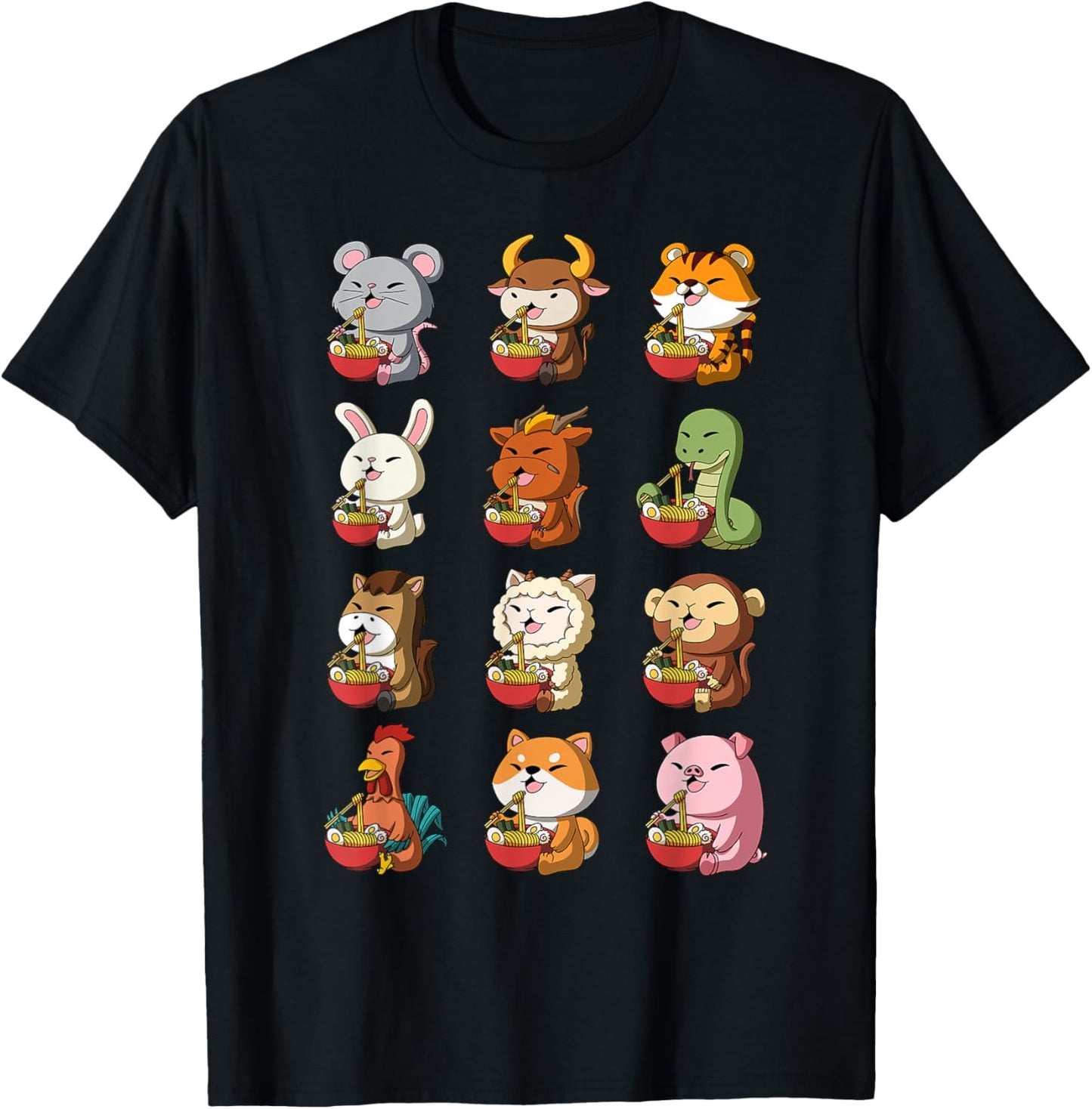 Cute Chinese Zodiac Animals Ramen Noddle Lunar New Year T-Shirt - T-Shirt | Black