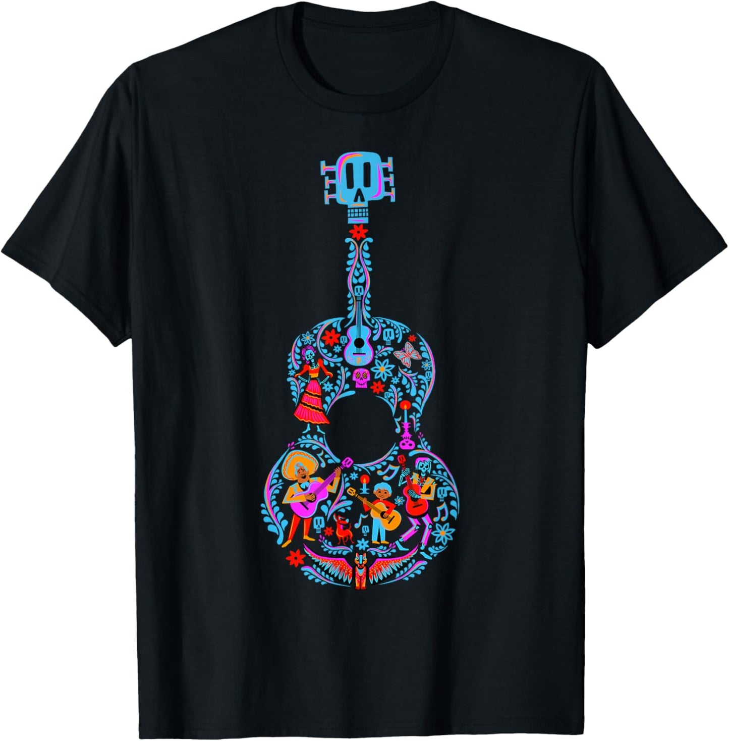 Disney Pixar Coco Guitar Collage Day Of The Dead Style Logo T-Shirt - T-Shirt | Black