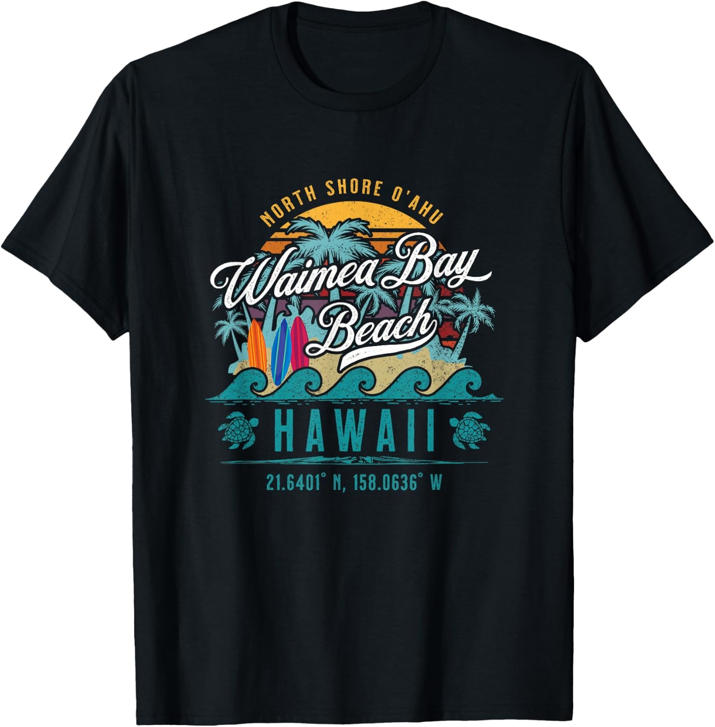 Waimea Bay Beach North Shore Oahu Hawaii Retro Sun Sand Surf T-Shirt - T-Shirt | Black