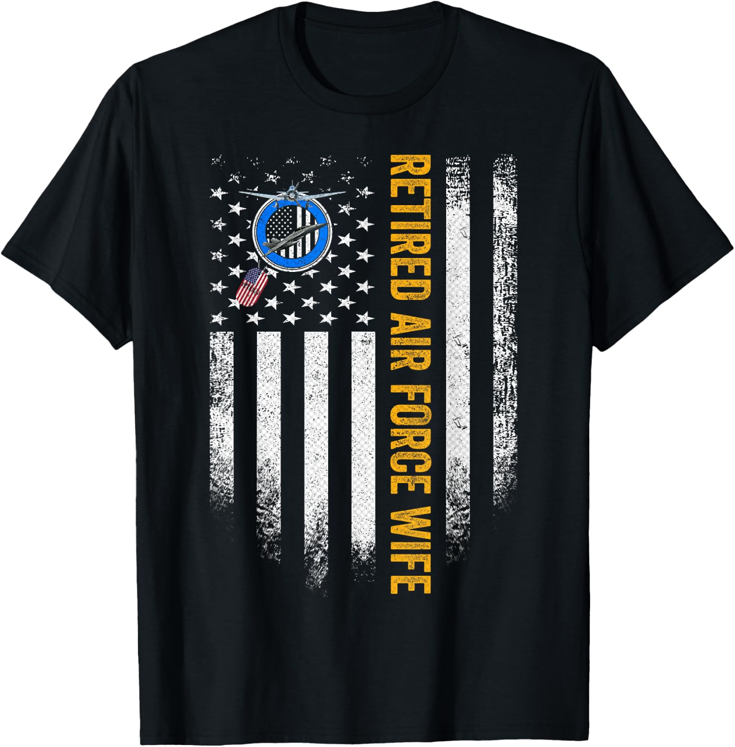 Vintage USA American Flag Retired US Air Force Veteran Wife Women Men T-Shirt - T-Shirt | Black