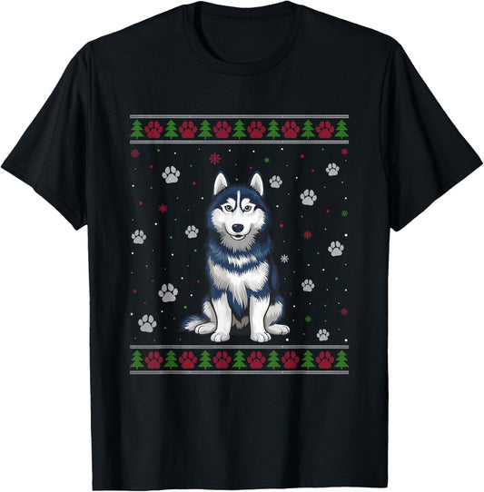 Siberian Husky Christmas Sweater Xmas Pet Animal Dog Lover Women Kids T-Shirt - T-Shirt | Black