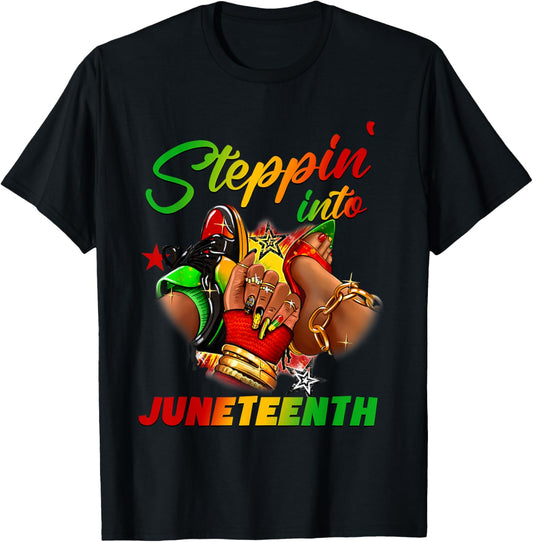 Stepping into juneteenth Afro Woman Black Girls Sneakers Men T-Shirt - T-Shirt | Black