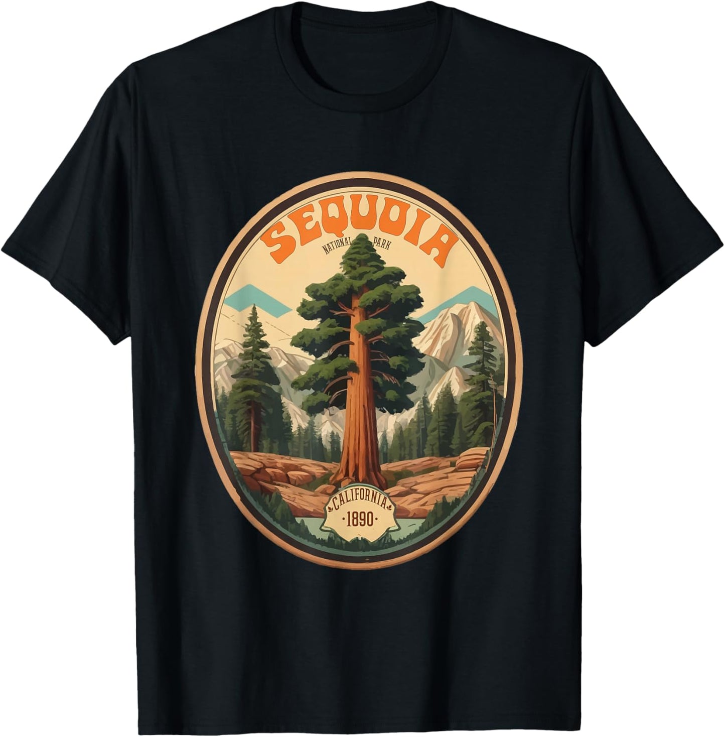 Sequoia National Park Tree Illustration Hiking Retro Badge T-Shirt - T-Shirt | Black