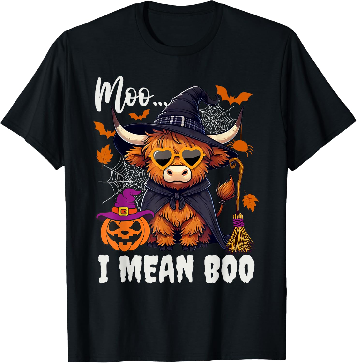Moo I Mean Boo Witch Highland Cow Halloween Costume T-Shirt - T-Shirt | Black