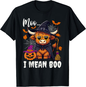 Moo I Mean Boo Witch Highland Cow Halloween Costume T-Shirt - T-Shirt | Black