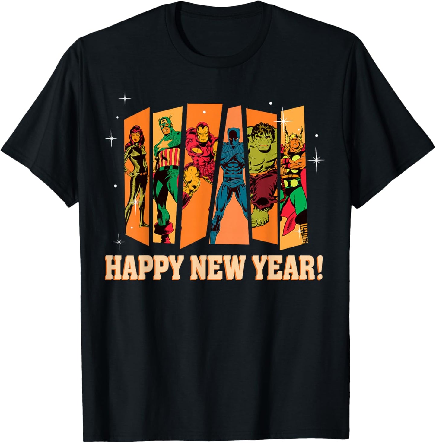 Marvel Avengers Retro Vintage Seventies Comic Happy New Year T-Shirt - T-Shirt | Black