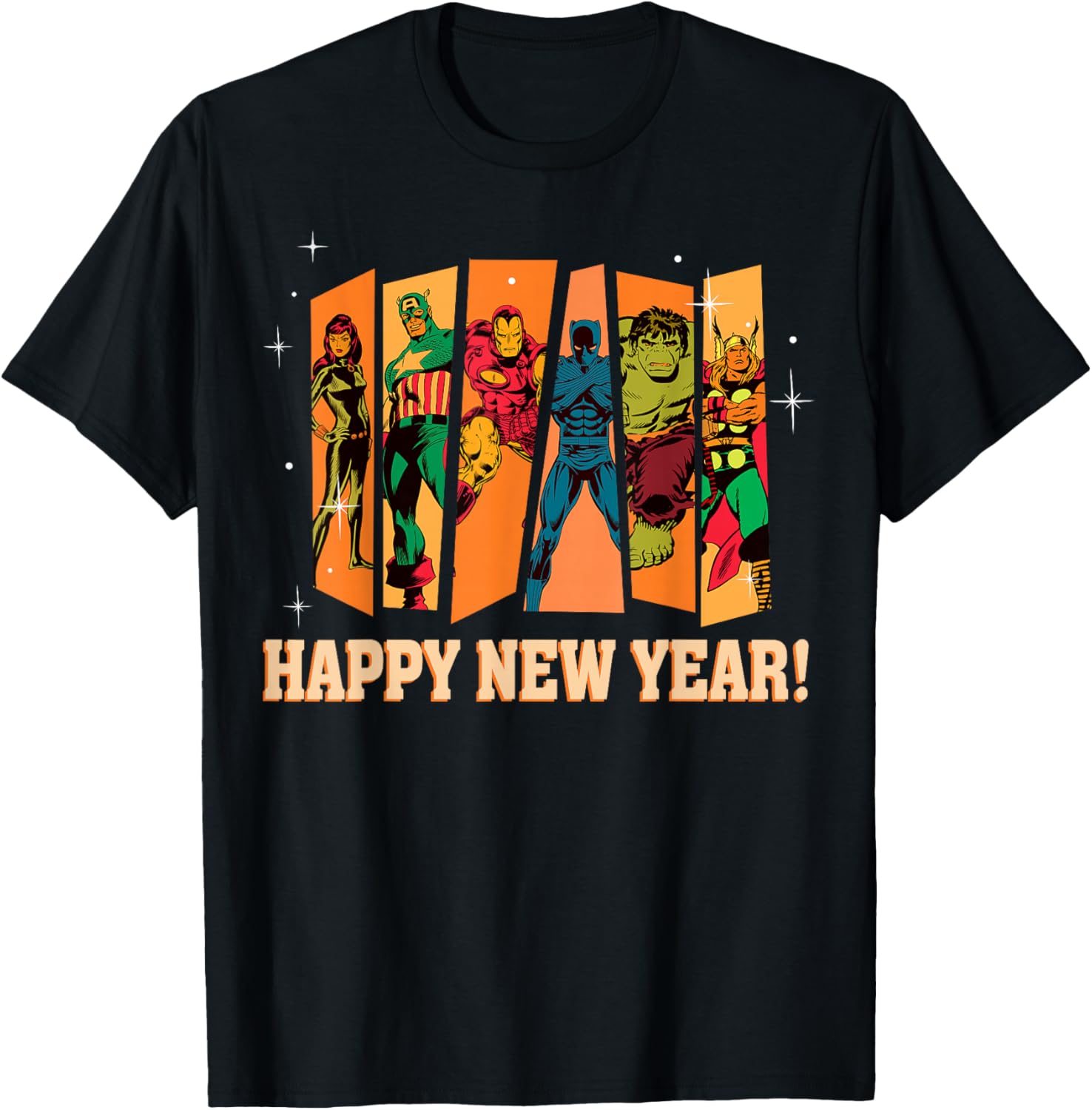 Marvel Avengers Retro Vintage Seventies Comic Happy New Year T-Shirt - T-Shirt | Black