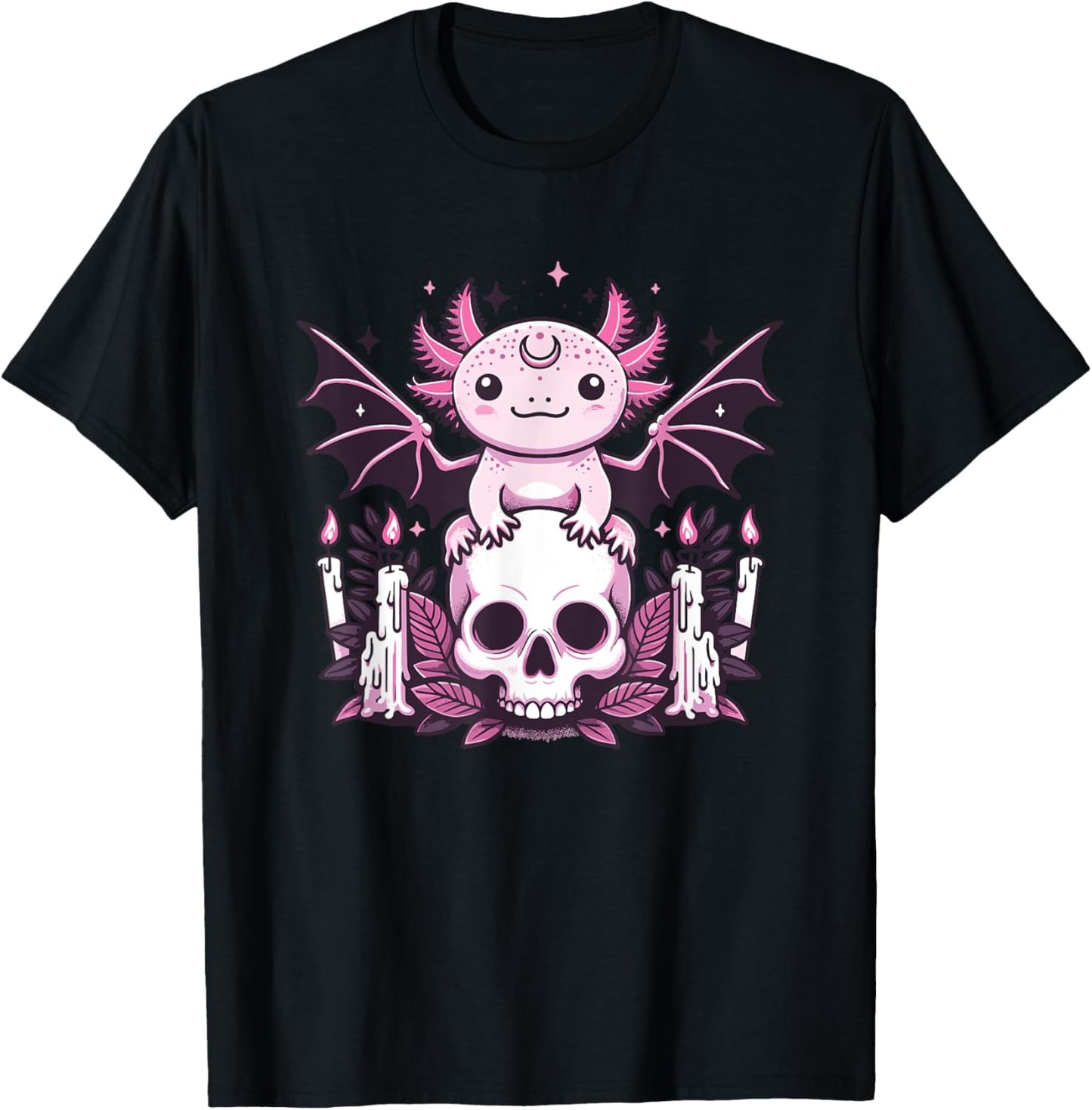 Kawaii Pastel Goth Cute Creepy Axolotl Bat Skeleton T-Shirt - T-Shirt | Black