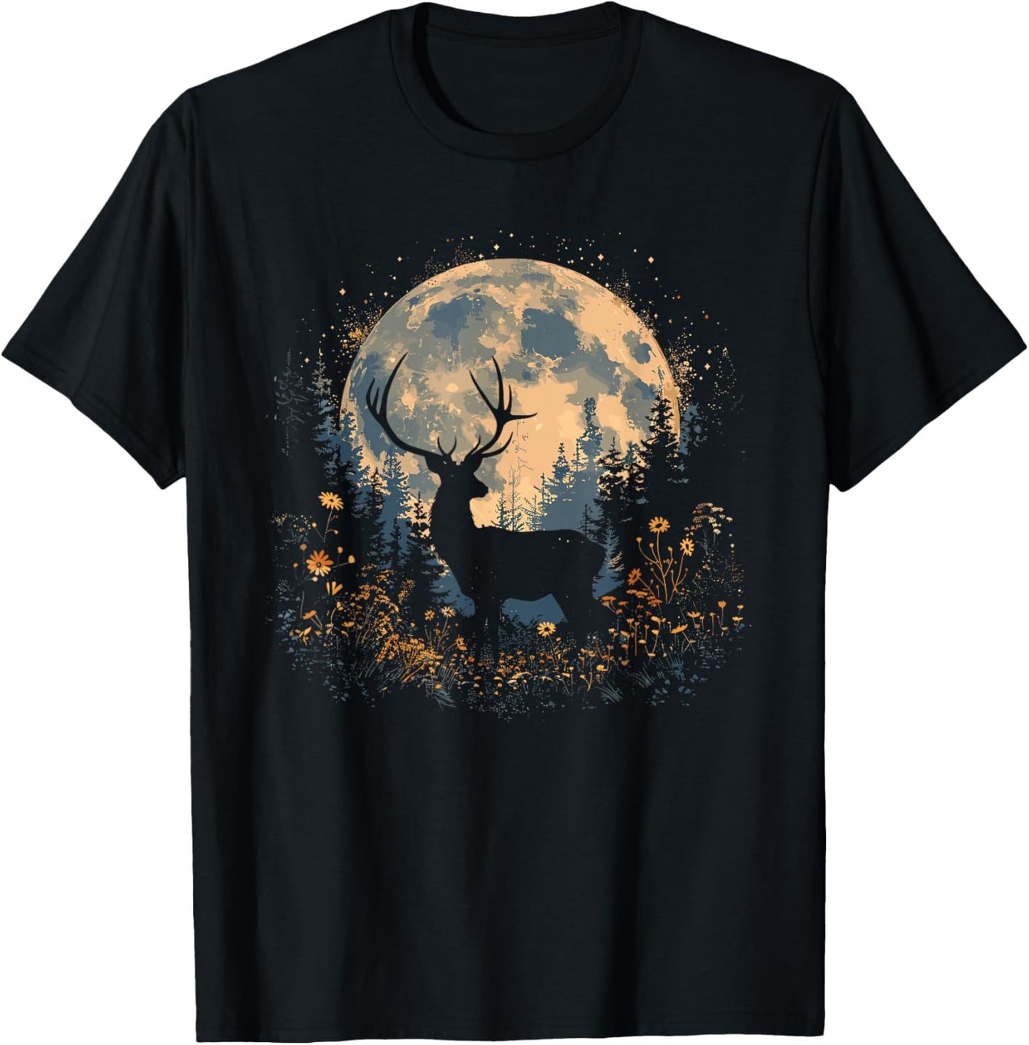 Deer Floral Full Moon Whitetail Buck Deer Flowers T-Shirt - T-Shirt | Black