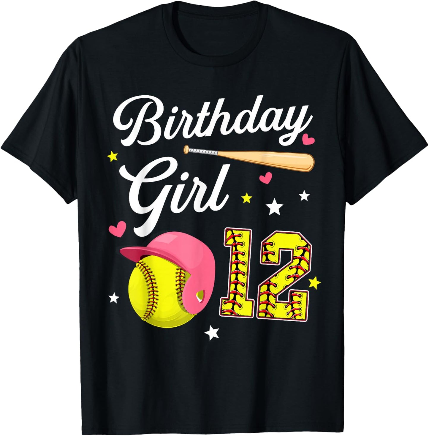 12th Birthday Girl Softball Twelfth Bday 12 Twelve Year Old T-Shirt - T-Shirt | Black