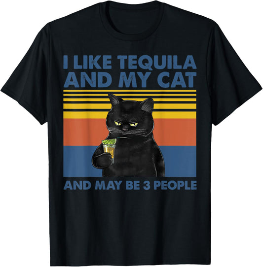 I Like Tequila And My Cat And Maybe 3 People Vintage T-Shirt - T-Shirt | Black