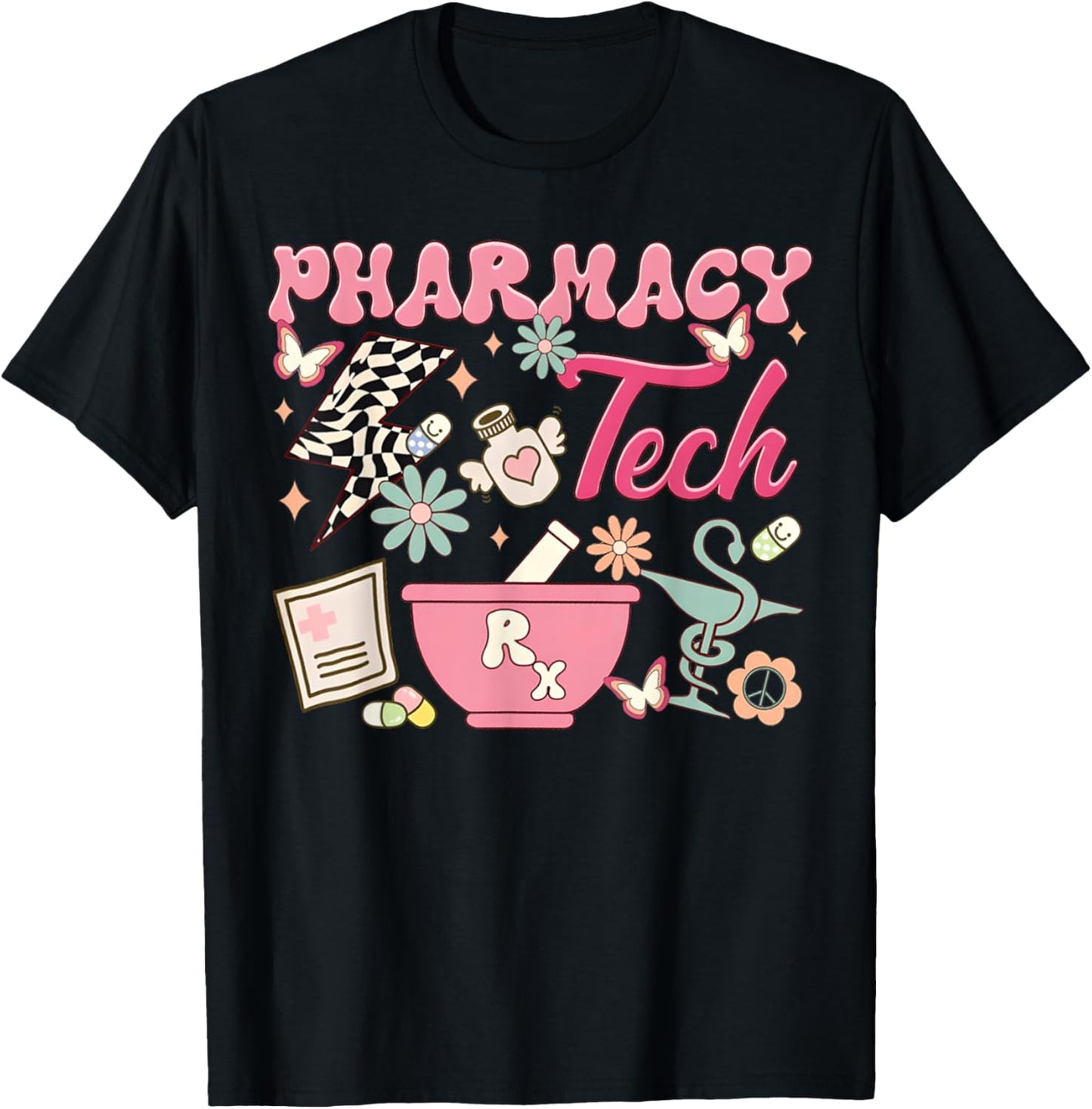 Vintage Pharmacy Tech Technician Pharmacist Student Flower T-Shirt - T-Shirt | Black