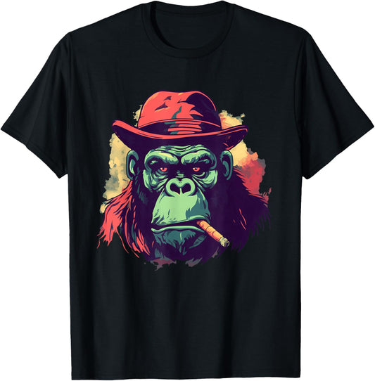 Gorilla Smoking Cigar Gangster Mafia Art Monkey Ape Artwork T-Shirt - T-Shirt | Black