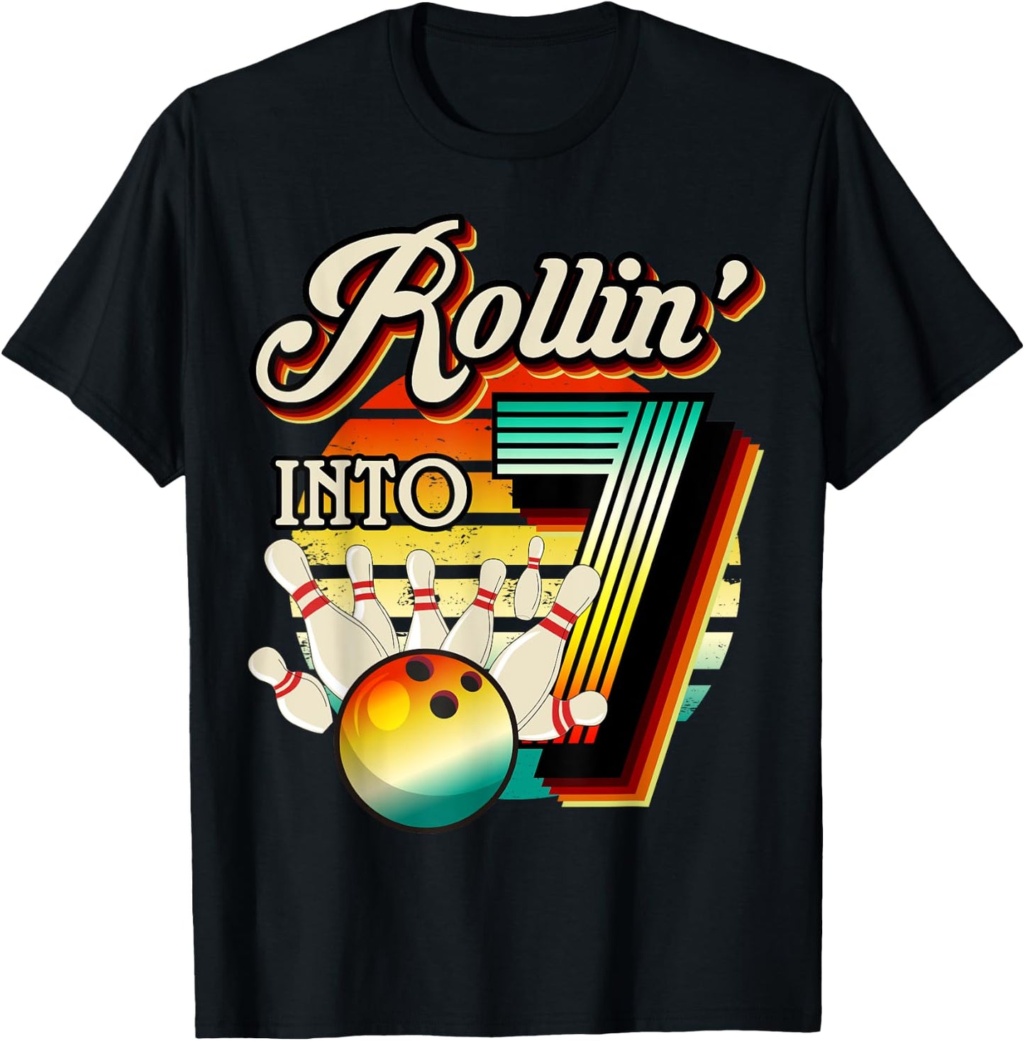 Rollin into Bowling 7 Year Old Retro Birthday 7th Bday Party T-Shirt - T-Shirt | Black