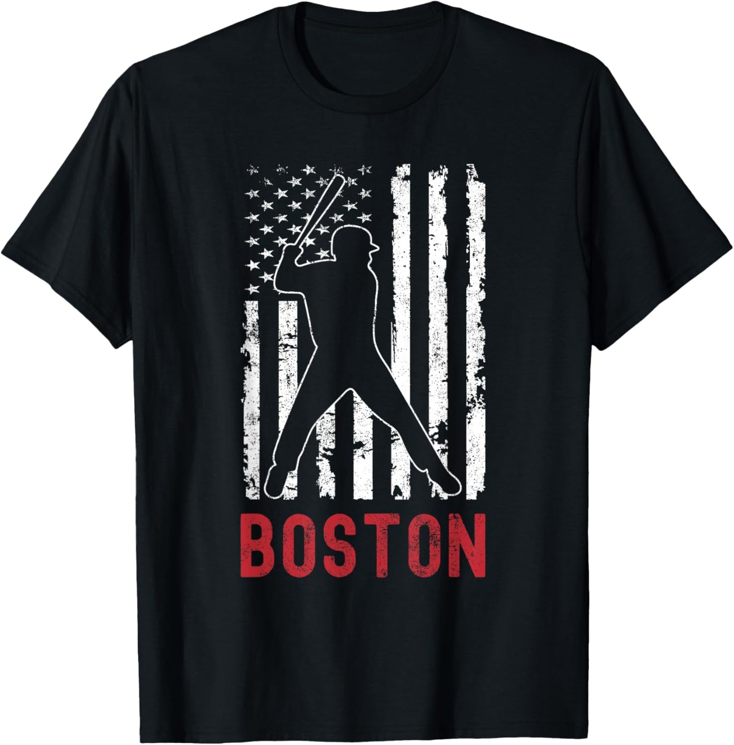 Boston Massachusetts American Flag Baseball Weathered T-Shirt - T-Shirt | Black
