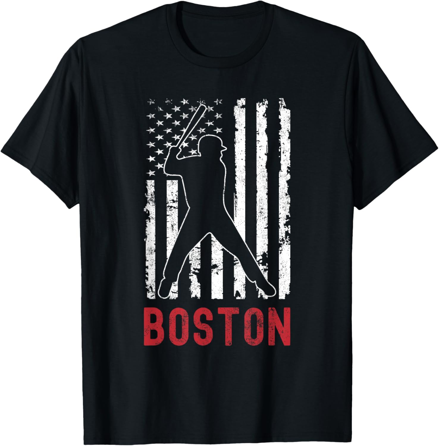 Boston Massachusetts American Flag Baseball Weathered T-Shirt - T-Shirt | Black