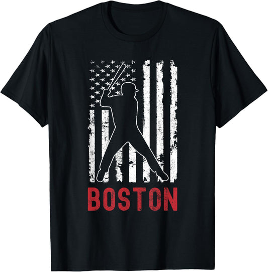 Boston Massachusetts American Flag Baseball Weathered T-Shirt - T-Shirt | Black