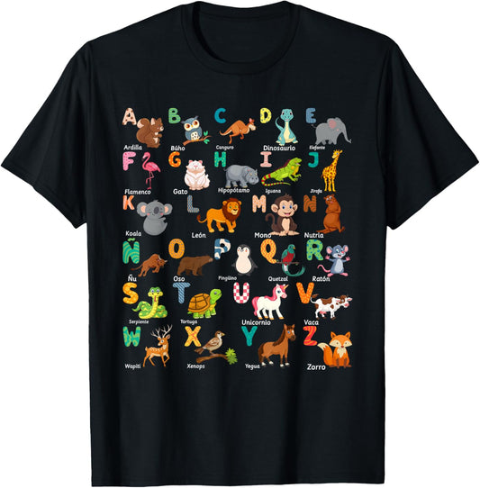 Animal Alphabet ABCs Spanish Learning T-Shirt - T-Shirt | Black