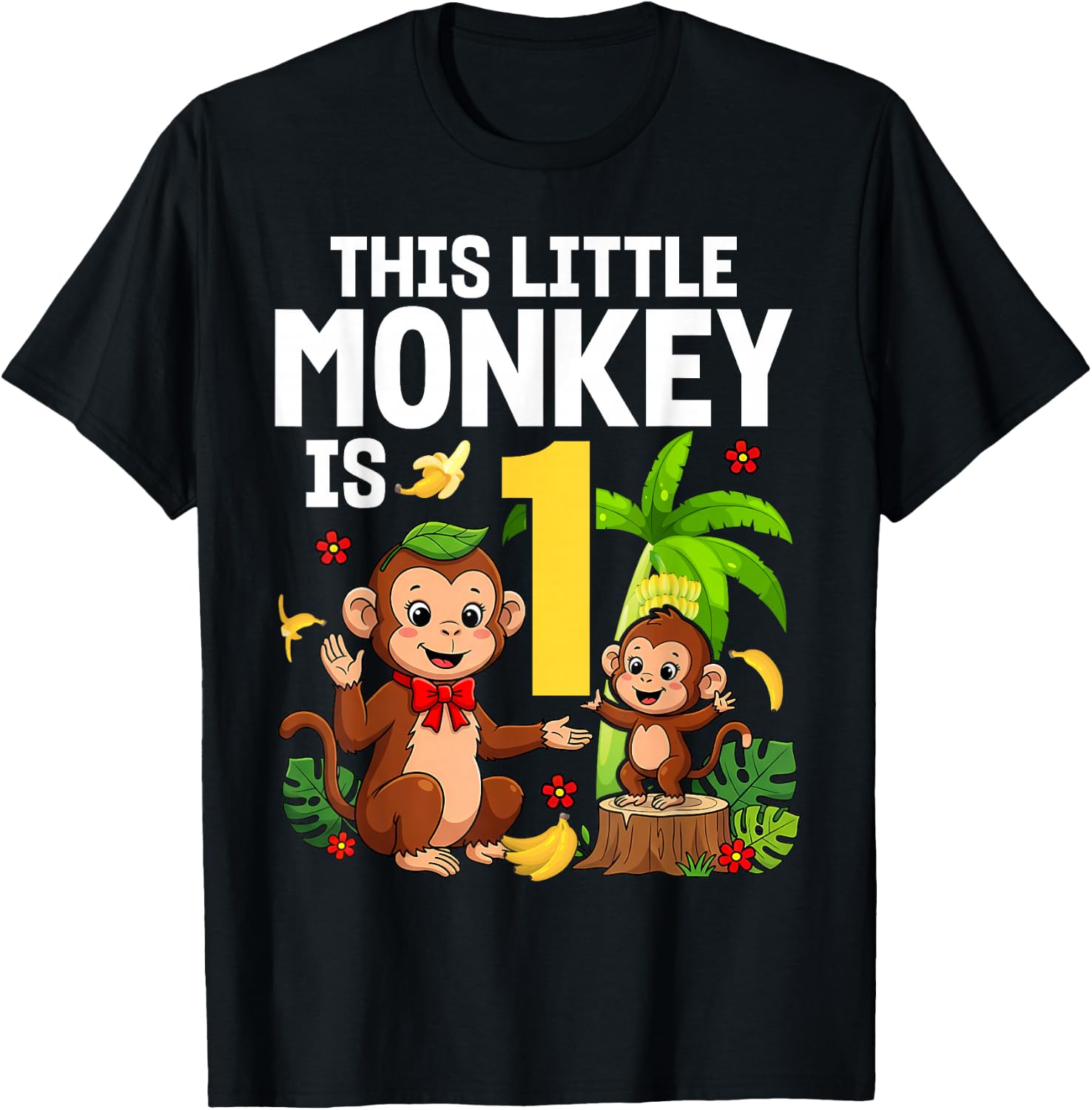 This Little Monkey is 1 Years Old Kid 1st Birthday Monkeys T-Shirt - T-Shirt | Black