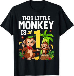 This Little Monkey is 1 Years Old Kid 1st Birthday Monkeys T-Shirt - T-Shirt | Black